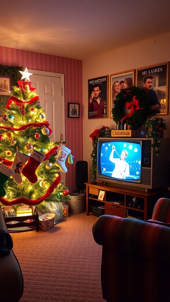 A nostalgic 90s Christmas living room with a decorated tree, stockings, and a vintage TV.